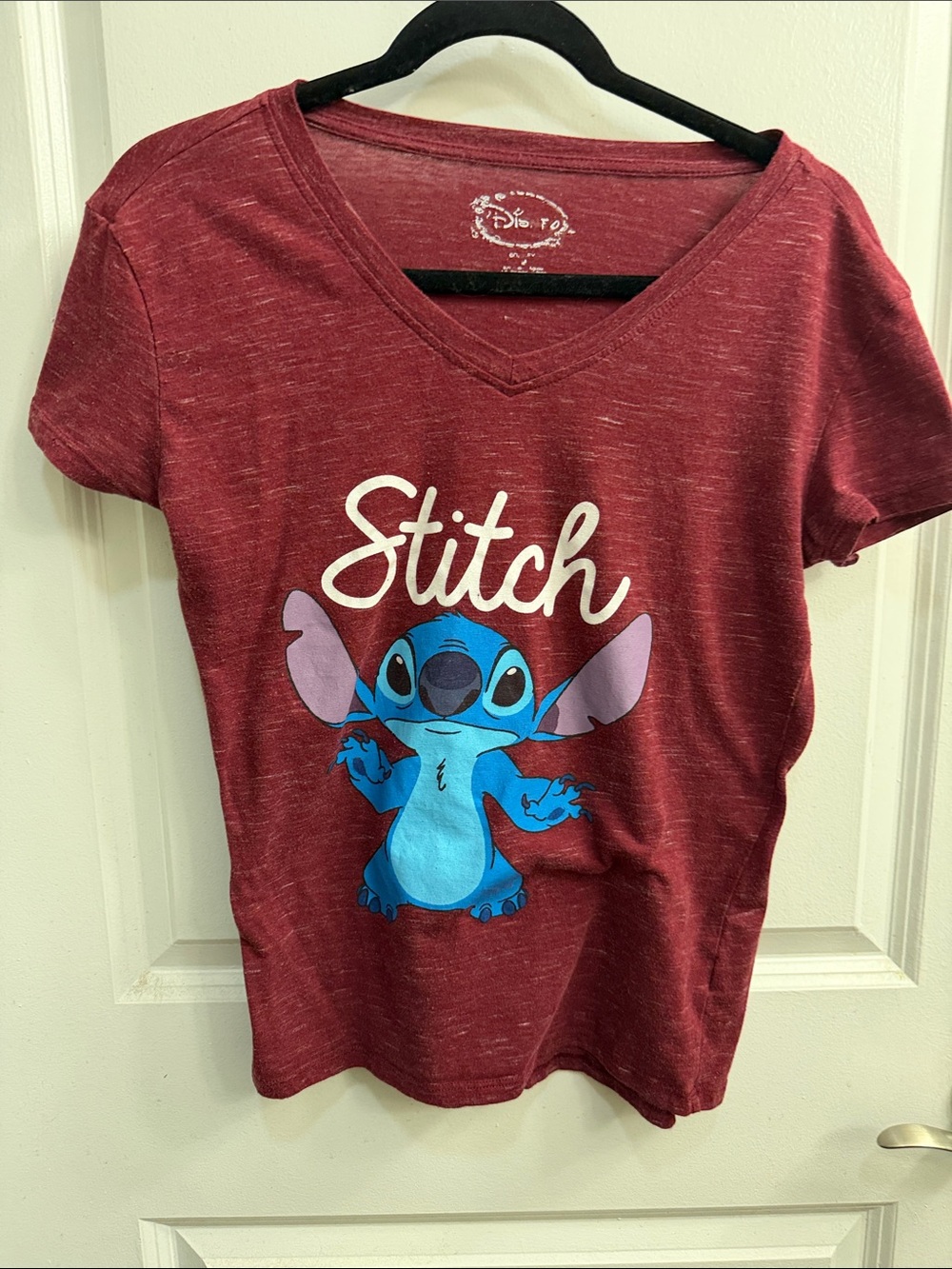 Disney Maroon V-Neck Tee with Bright Blue Stitch Graphic